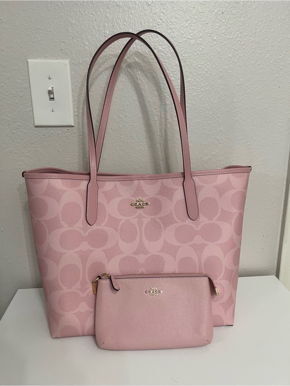 Coach Powder Pink City Tote with matching Pouch Wristlet